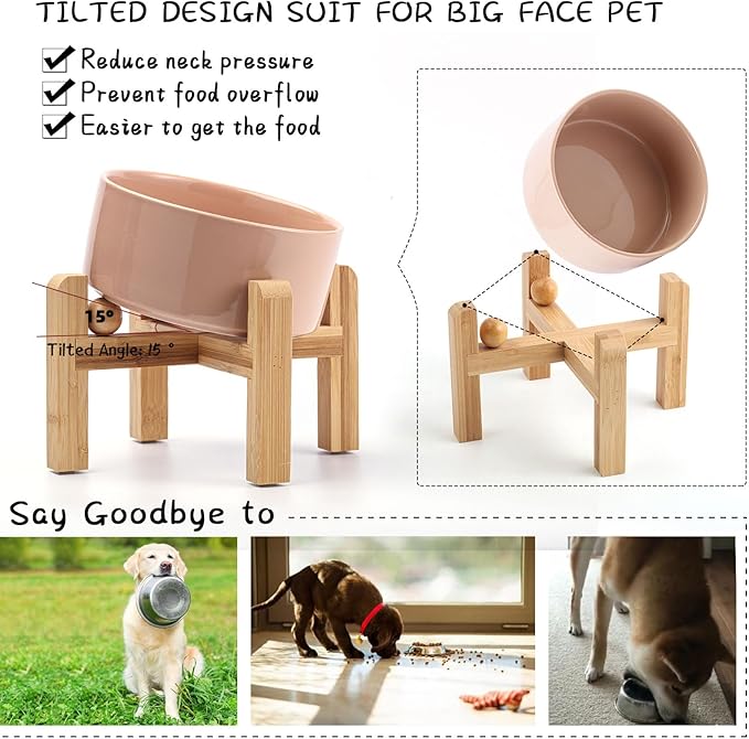 Petygooing Khaki Elevated/Raised 15°Slanted Ceramic Dog Bowl for Small and Medium Breeds, Tilted Anti Slip Pet Feeding Bowl,Food Water Dish with Stand for Cats and Dogs (28 OZ/3.6 Cups)