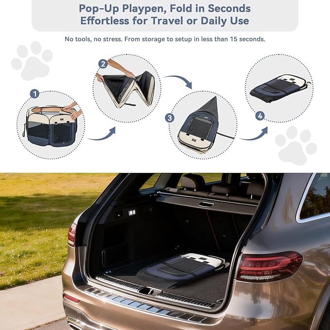 Dog Playpen for Small Dogs & Puppies, 50.39" Portable Indoor Outdoor Puppy Playpen with Bowl, Waterproof Floor, Foldable Pop-Up Pet Pen for Home, Travel & Daily Use, Blue+Beige