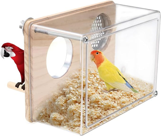 Parakeet Nesting Box for Cage, High-Transparent PET Parakeet Nest, Versatile Bird Houses for Canary, Lovebird and Parrot, Bird Boxes for Nesting with Wood Perch, Bird Cage Accessories (S, Rectangle)