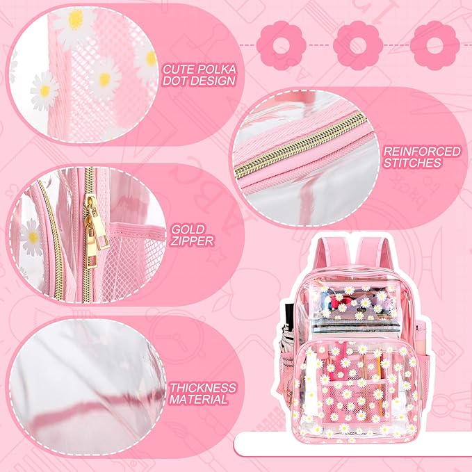 Kacctyen 3 Pcs Clear Backpack Heavy Duty Clear Stadium Bag Transparent Backpack with Lunch Bag(Pink,Daisy)