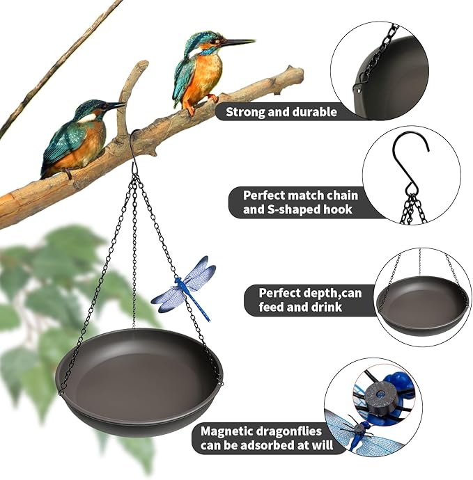 Hanging Bird Bath for Outside,11" Metal Bird Feeder Birdbath Bowl with 13.5" Rust-Proof Black Chains for Garden Backyard Decor with Magnetic Dragonfly Decor Dark Curry