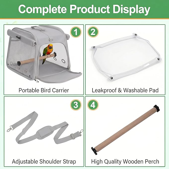 Small Bird Carrier Travel Cage, Portable Bird Cages Bag with Standing Perches for Parrots, Breathable Birds Backpack with Transparent Window for Parakeet Cockatiel Budgies, Grey