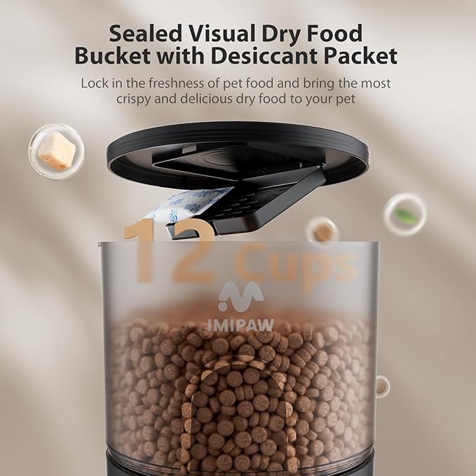 IMIPAW Automatic Cat Feeder, 5G WiFi Cat Food Dispenser with APP Remote Control, Pet Dry Food Smart Feeder, Programmable Timed Feeding, Dual Power Supply, 1-10 Meals Per Day, Desiccant Bag, Small pets