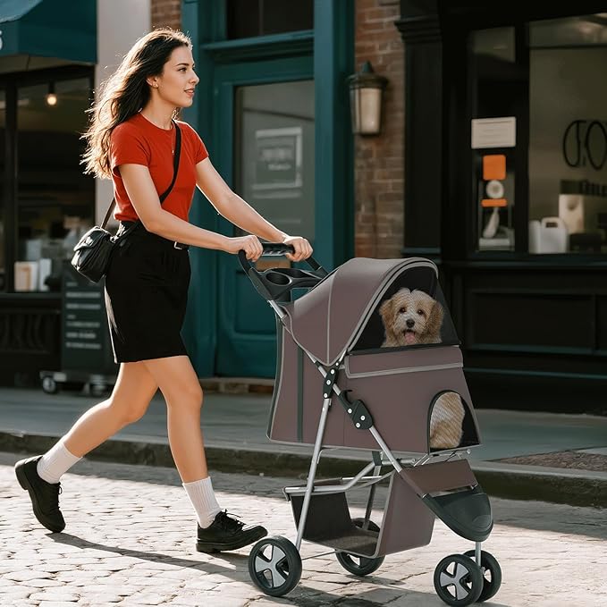 Pet Stroller for Small Dogs 10 lbs, Dog Stroller for Medium Dogs 30 lbs, Cat Strollers for 2 Cats, 3 Wheels Foldable Jogger Puppy Stroller with Storage Basket and Cup Holder, Coffee