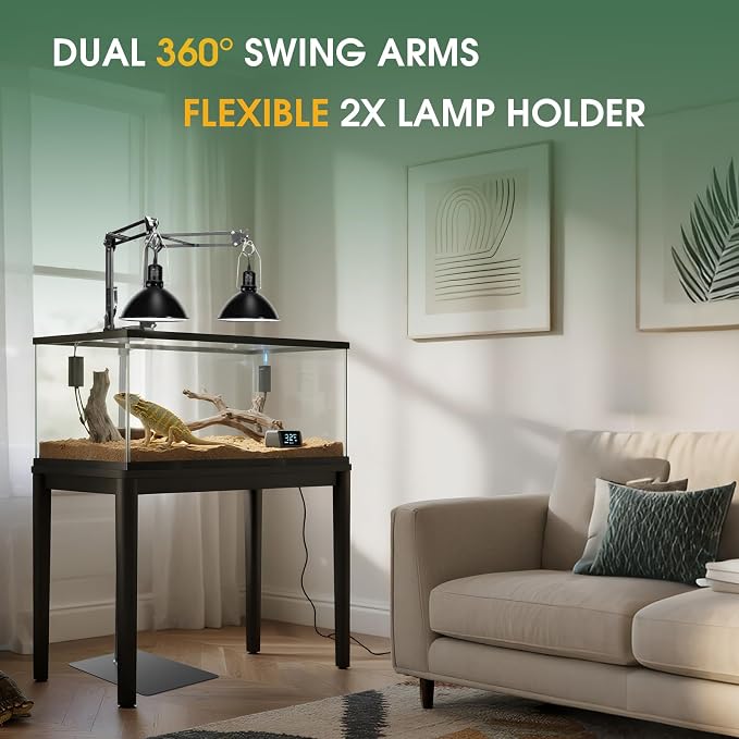 MECESOR Dual Reptile Lamp Stand,15.7-74.3 Inch Height Adjustable Reptile Light Stand,360°Rotatable Flexible Arms,Heat Lamp Stand for Reptiles Tank,Terrariums,Amphibian Cages&Plants