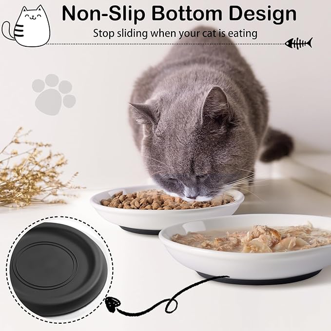 WROSWT Cat Food Bowl,Healthy Ceramic Cat Bowls for Indoor Cats,Anti Whisker Fatigue Cats Dishes Set,Shallow Wide Kitten Plates for Food and Water,Non-Slip Silicone Bottom,3 Pack