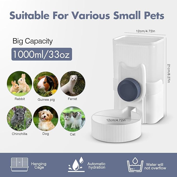 No Drip Rabbit Water Bottle 33oz, Hanging Small Pet Water Dispenser for Bunny, Guinea Pig & Hamster, Leak-Proof, Quiet Flow, Easy Install Cage Bottle
