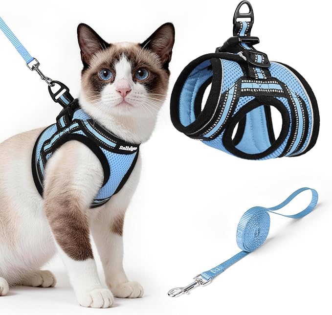 rabbitgoo Cat Harness and Leash Set for Walking Escape Proof, Adjustable Soft Kittens Vest with Reflective Strip for Cats, Comfortable Outdoor Vest, Light Blue, L