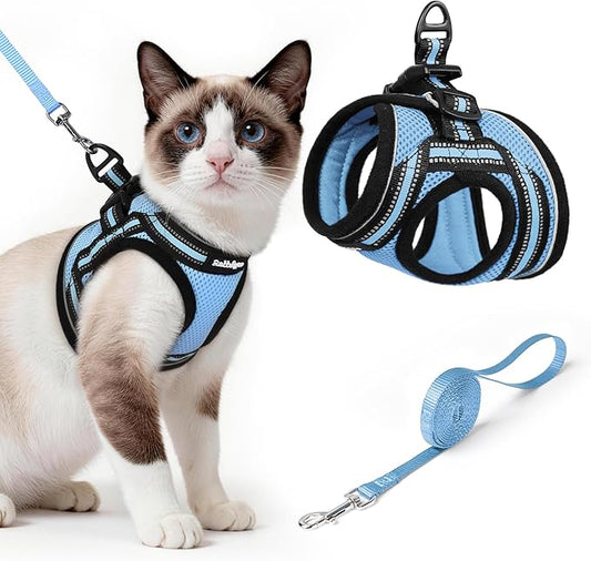 rabbitgoo Cat Harness and Leash Set for Walking Escape Proof, Adjustable Soft Kittens Vest with Reflective Strip for Cats, Comfortable Outdoor Vest, Light Blue, L