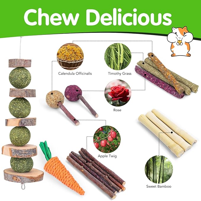 VESPRO Bunny Teys for Rabbits Hamster/Guinea Pig Toys Natural Timothy Hay Sticks chew Treats and Balls for Rabbit, Bunny, chinehila, Guirea Pig, Hamster, Rabbit Teeth Care
