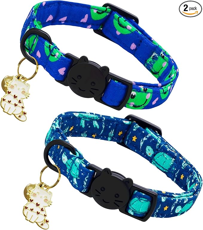 Elegant little tail 2 Pack Cat Collar-Animal Print Cotton Breakaway Cat Collars with Bell Pendant Kitten for Boy Safety Adjustable Collar for Small Cats Puppy
