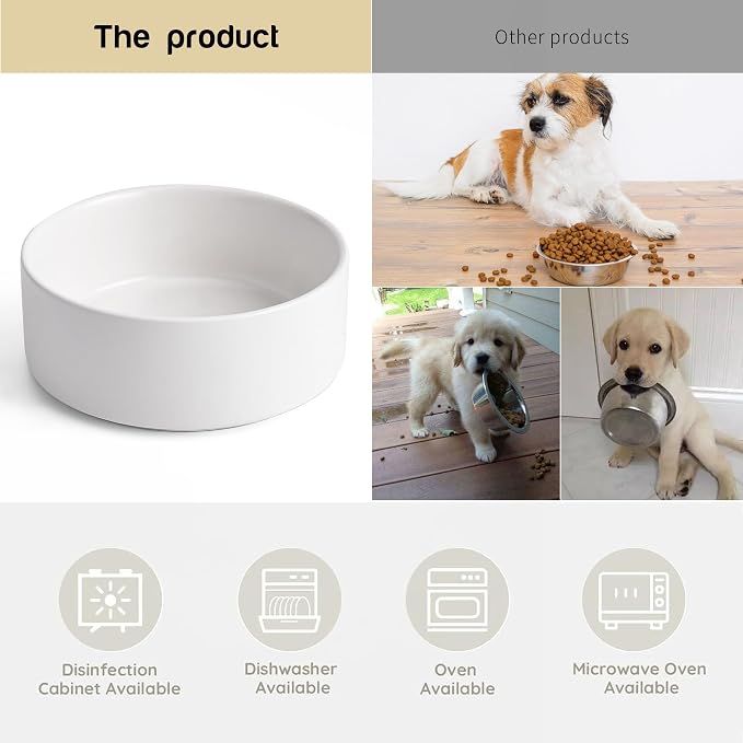 Mowtanco White Ceramic Dog & Cat Bowl Set – 13.5 OZ with Wooden Stand, Non-Slip, Elevated Design for Small Dogs & Cats – 2 Bowls (Food & Water, Ceramic Pet Bowls, Modern Dog Bowls)
