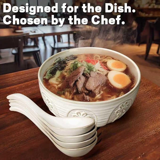 Artena Soup Bowls 32 OZ, Cereal Bowls Set of 4, White Embossment Ceramic Ramen Bowl for Salad, Dinner, Pho, Noodle, Pasta, Snacks, Dishwasher Microwave Safe, 6.3 Inch, Pinwheel Flower (Pack of 2)