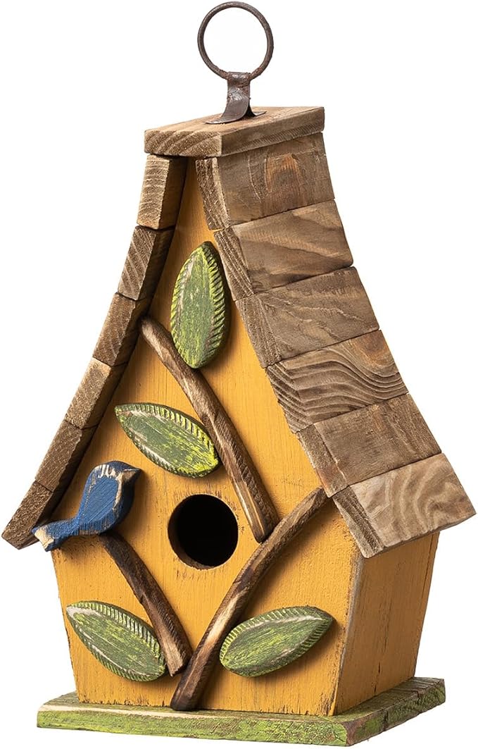 Glitzhome Bird Houses for Outdoors, Solid Wood Bluebird Houses for Outside, 9.5" H Garden Decorative Hanging Birdhouse with Natural Wood Pallet Roof for Finch Swallow Wren Chickadee,Washed Yellow