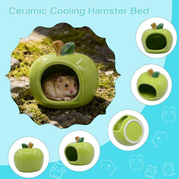Cute Ceramic Hamster Hideout Habitats Syrian Dwarf Hamster Hide Hideaway House Cozy Bed Mini Chinchilla Gerbils Mice Hut Small Animals Sand Bath Cave Cage Accessories (Green)