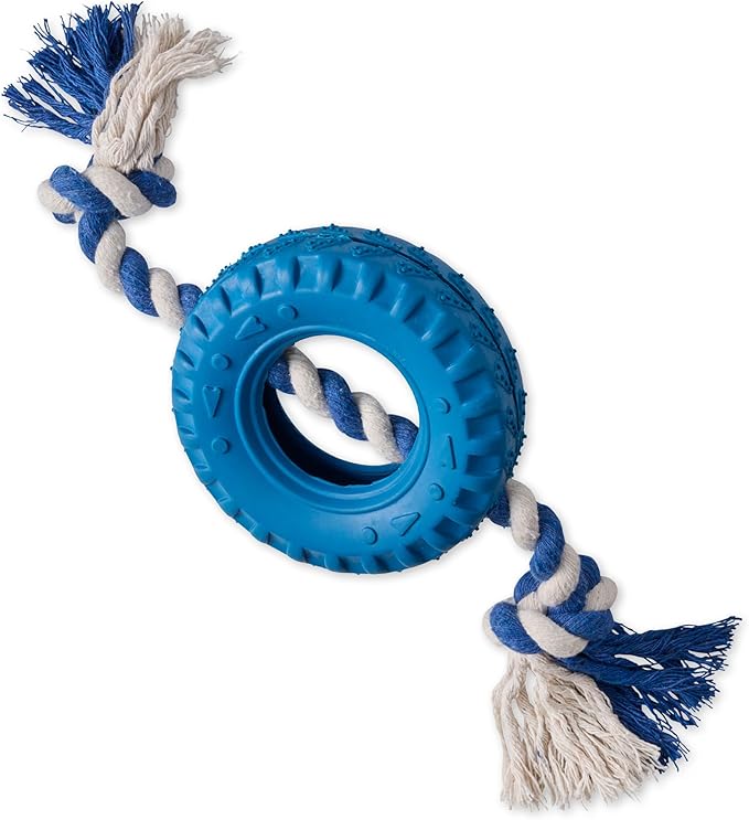 Pet Passion Natural Rubber Tire and Organic Cotton Rope Pull and Chew Dog Toy for All Pet Breeds, Blue, One Size