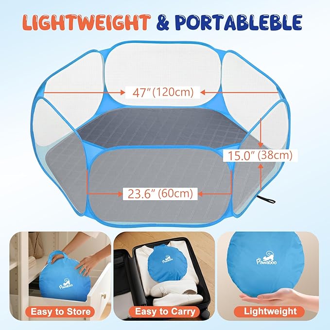 Pawaboo Small Animals Playpen with Pad, Waterproof Small Pet Cage Tent with Reusable Pad, Portable Outdoor Yard Fence for Chick/Kitten/Puppy/Guinea Pig/Rabbits/Chinchillas, Blue+Gray