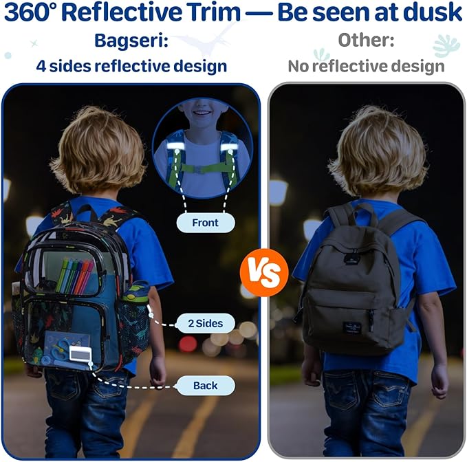 Bagseri Clear Backpack for Kids - 15 Inch Heavy Duty Bookbag for Kindergarten to Grade 2, Transparent School Bag with Reflective Strip, Fits Folders, Black Dino & Blue Dino