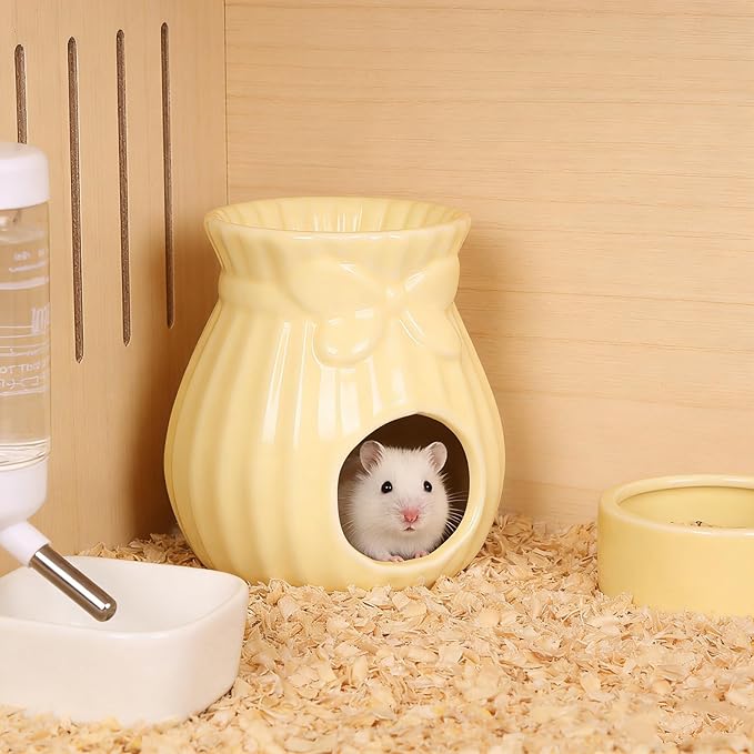 Hypeety Ceramic Hamster Hideout Habitat House for Small Animals Gerbil Dwarf Hamster Mice Cool House for All Season Cute Decor Hut (Yellow)