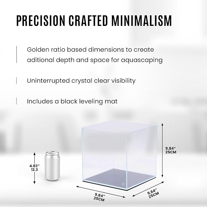 Ultum Nature Systems Ultra Clear Rimless Aquarium - Low Iron Glass Fish Tank with 45° Mitered Edges, 5mm-12mm Thick, Leveling Mat Included (25C, Cube, 4 Gallon)