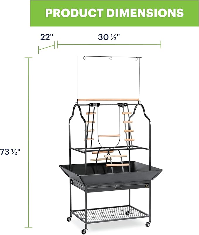 Prevue Pet Products Parrot Play Stand with Wheels - Rolling Bird Stand Play Center with Perches and Ladders, Indoor & Outdoor Playground for Birds with Swing, Enrichment Accessories - Black