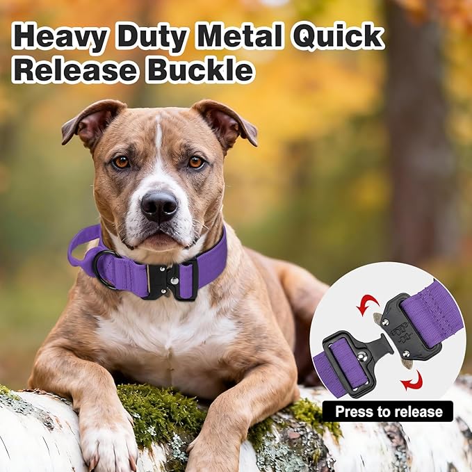 Joytale Tactical Dog Collar for Large Dogs with Control Handle, Heavy Duty Military Training Collar for Power Breeds, AirTag Holder Case, Quick Release Metal Buckle, Soft Padded, L, Purple