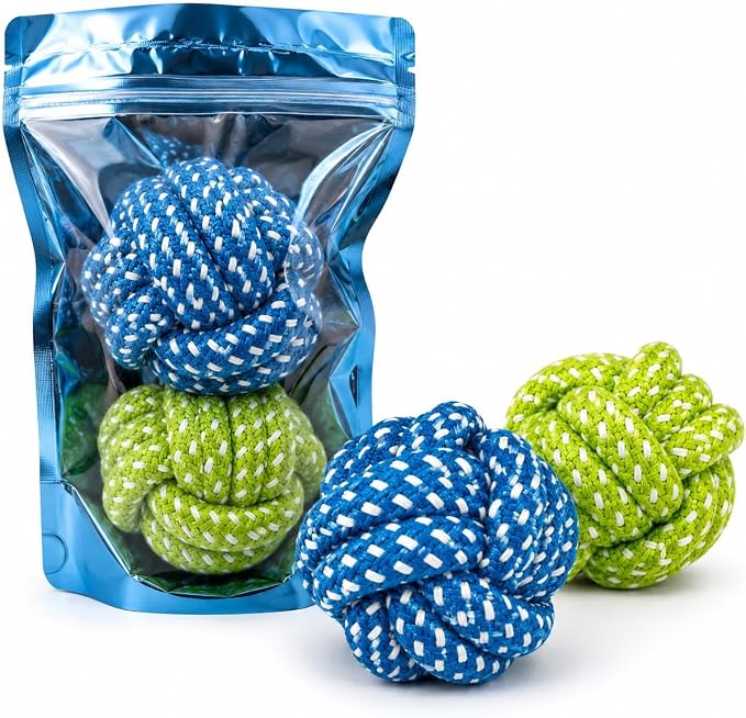 Cotton Rope Dog Ball Toy – Durable Braided Chew & Fetch Ball for Small to Medium Dogs – Natural Teeth Cleaning, Random Colors (Random Blue)