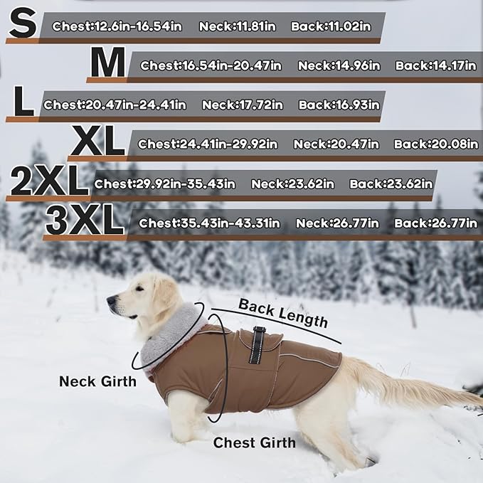 Lelepet Warm Dog Coats for Large Dogs Waterproof Dog Jacket Reflective Pet Fleece Vest Windproof Cold Weather Coats with Adjustable Buckle & Leash Hole, Brown, XXXL