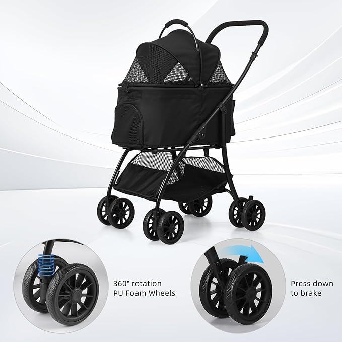 Pet Stroller Quickly Folds for Easy Storage Cat Stroller with Detachable Carrier Thickened Oxford Cloth Breathable Basket Dog Strollers for Small Dogs (Blue)