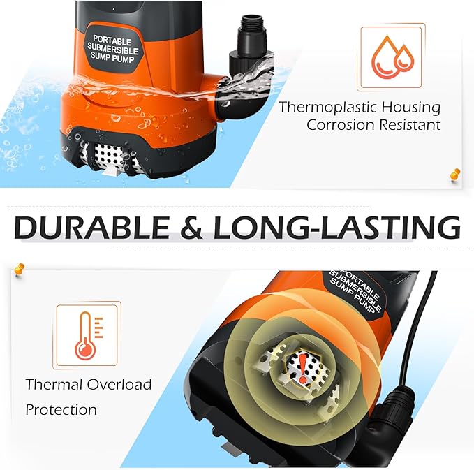 Sump Pump with Float 1HP Clean/Dirty Submersible Water Pump Electric 4500GPH for Pool Draining Spa Hot Tubs Ponds, Orange