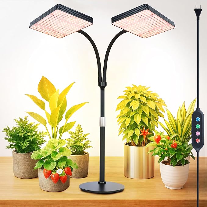 FECiDA 2Head Tabletop Grow Lights for Seed Starting, Indoor Plants, Bonsai | 50 Watt Power Draw, Super Bright and Big Coverage, 5-Mode Timer 4/8/12/16/20 Hr, 16"-24" Height Adjustable