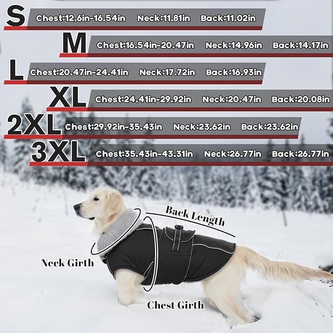 Lelepet Warm Dog Coats for Large Dogs Waterproof Dog Jacket Reflective Pet Fleece Vest Windproof Cold Weather Coats with Adjustable Buckle & Leash Hole, Black, XXXL