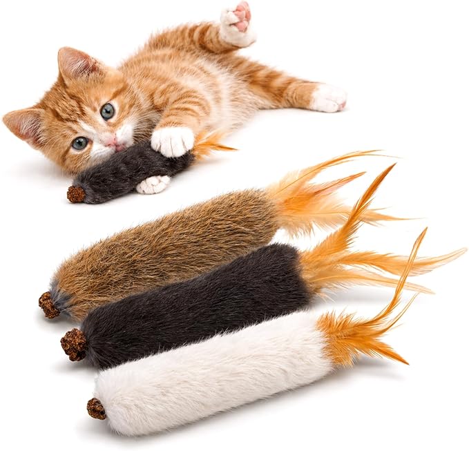 Agape Rabbit Fur Cat Toys, 3-Pack with Catnip & Silvervine Gall Fruit, Interactive Chew and Kicker Toys for Indoor Cats and Kittens, Helps Clean Teeth, Relieves Boredom and Promotes Exercise