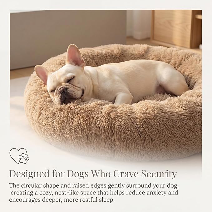 Calming Dog Bed for Medium Dogs Washable Donut 30 inches Anti-Slip Pet Bed,Round Fluffy Plush Faux Fur Cat Bed,Fits up to 45 lbs Pets,Camel