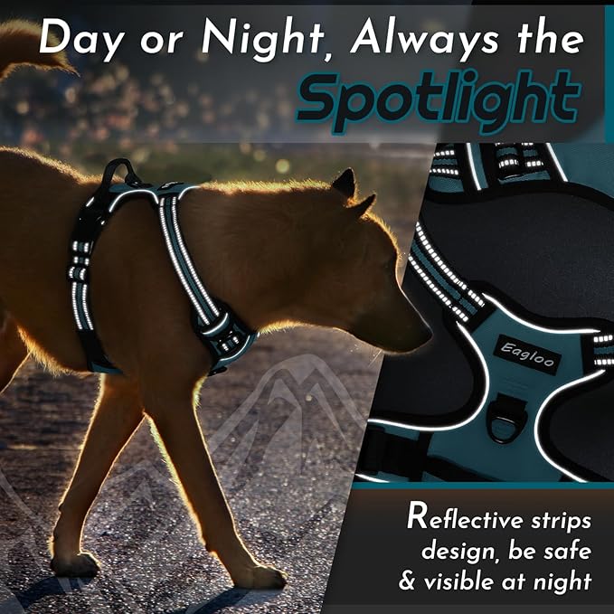 Eagloo Dog Harness for Large Dogs, No Pull Service Vest with Reflective Strips and Control Handle, Adjustable and Comfortable for Easy Walking, No Choke Pet Harness with 2 Metal Rings, Dark Green, L