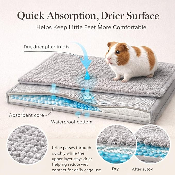 Guinea Pig Fleece, 6 Pack Guinea Pig Cage Liners Washable, 11.81 x 19.69 Reusable Guinea Pig Bedding, Non-Slip Animal Sleeping Mats for Guinea Pig Puppy Bunny Hamster (Gray)