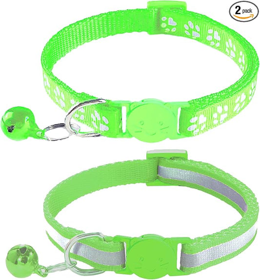 2 Pack Breakaway Cat Collars with Bells, Reflective Design and Claw Print Design, Safety Buckle, Adjustable 7.5-12.5 Inches for Kittens & Cats (Fluorescent Green)