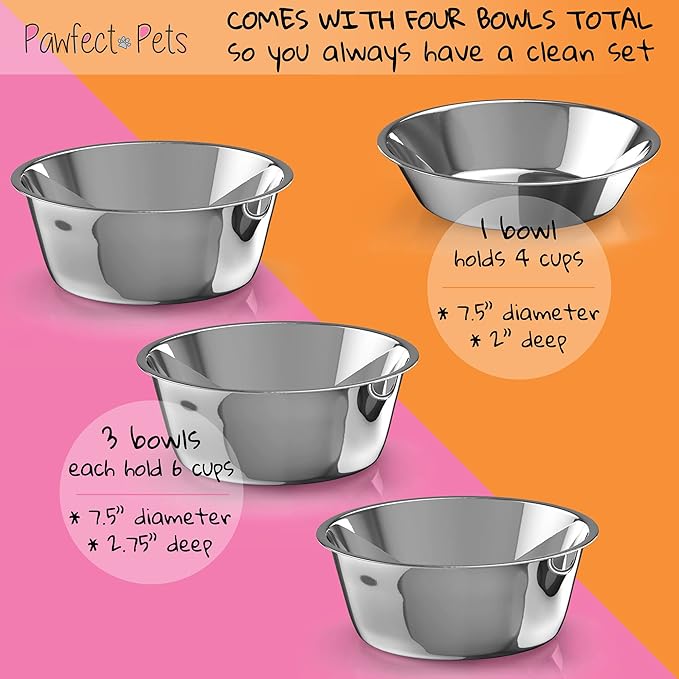 Pawfect Pets Elevated Dog Bowl Stand- 7" Raised Dog Bowl for Medium Dogs. Pet Feeder with Four Stainless Steel Bowls (Black)