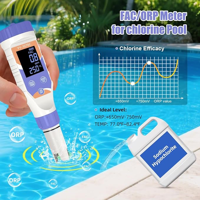 7-in-1 Digital Pool Water Tester, Accurate Chlorine, pH, Salt, ORP, EC, TDS & Temperature Meter for Saltwater Pools, Hot Tubs, Aquariums, Spas & Hydroponics