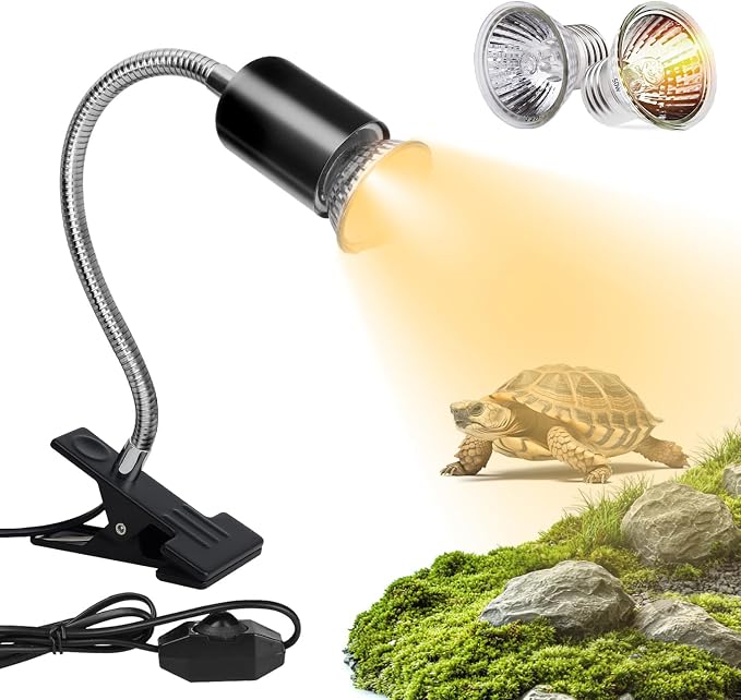 Reptile Heat Lamp UVA/UVB Light with Stepless Dimming, 360 Rotatable Gooseneck Clip-On Heating Lamp for Turtle Tank Bearded Dragon Snake Lizard Tortoise Hermit Crab Includes 25W and 50W Bulbs (Small)