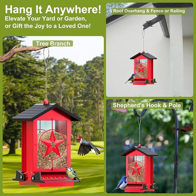 Squirrel Proof Bird Feeders for Outdoors with Weight-Activated, Metal 5LB Large Wild Bird Feeders for Cardinals,Blue Jay,Finch, Weatherproof Durable Hanging Bird Feeder for Backyard,Garden (Red)