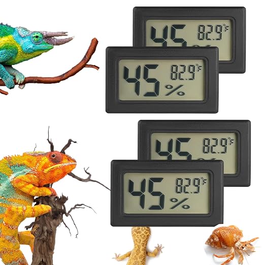 Reptile Thermometer and Humidity Gauge Digtal Terrarium Thermometer 4pc | Rectangle Bearded Dragon Cage Accessories Reptile Temp and Humidity Gauge for Leopard Gecko Hermit Crab Gecko Lizard Etc