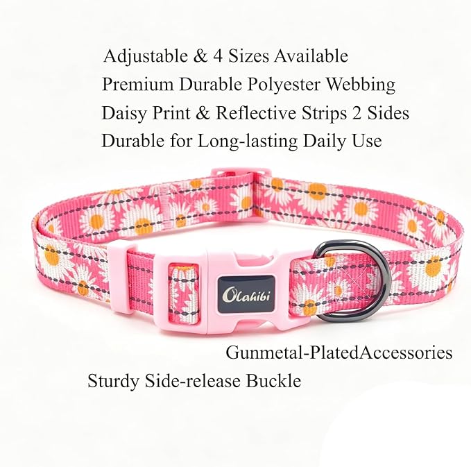 Dog Collar Leash Set, Floral Pattern, with Safety Reflective Strips, 5 ft Matching Leash, Neoprene Padded Handle, Adjustable 4 Sizes for Small Medium Large Dogs.(M, Pink Daisy)