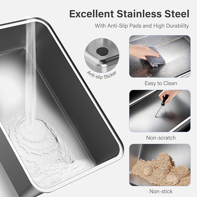 Aphyxen Stainless Steel Litter Box with Lid, XL Extra Large Enclosed Cat Litter Box Fits All Cats Modular Design with Flip Cover, Top Entry Metal High Sided Cat Box & Pedal & Scoop (Dark Grey)