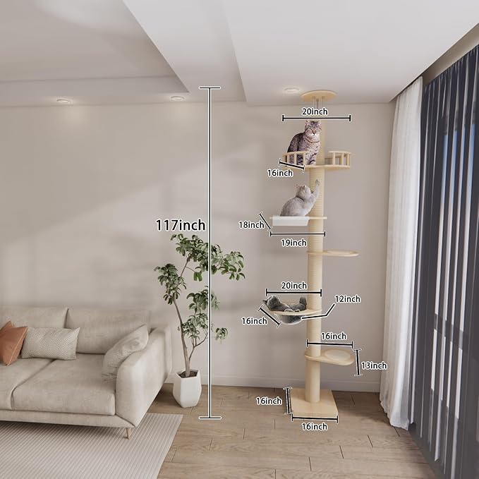 Floor to Ceiling Cat Trees Tower with Sisal Rope Scratching Post, Adjustable Height 82-117 inch, 5 Tier Cat Climbing Tree for Indoor Cats Large Adult, Modern Tall Cat Activity Tree(Deluxe Style 3)