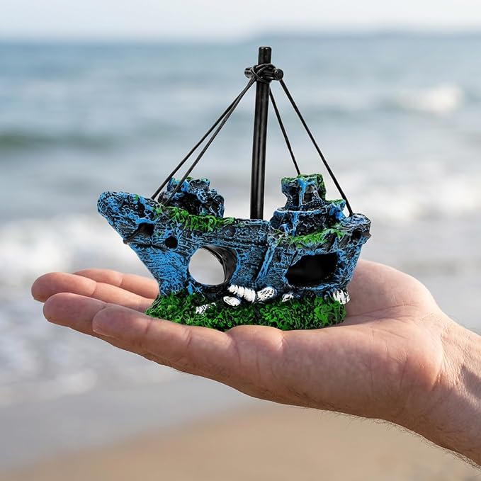 7 Pcs Aquarium Decor Set, Shipwreck Decoration Little Diver Floating Fish Tank Decoration Fish Tank Plants for Small Tank Driftwood Betta, Guppy & Shrimp