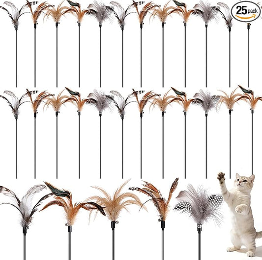 Leitee 25 Pcs Cat Wand Toy Feather Stick Cat Toy Bulk Feather Toys and Teaser Wand Bulk Interactive Stick for Indoor (Classical Color)