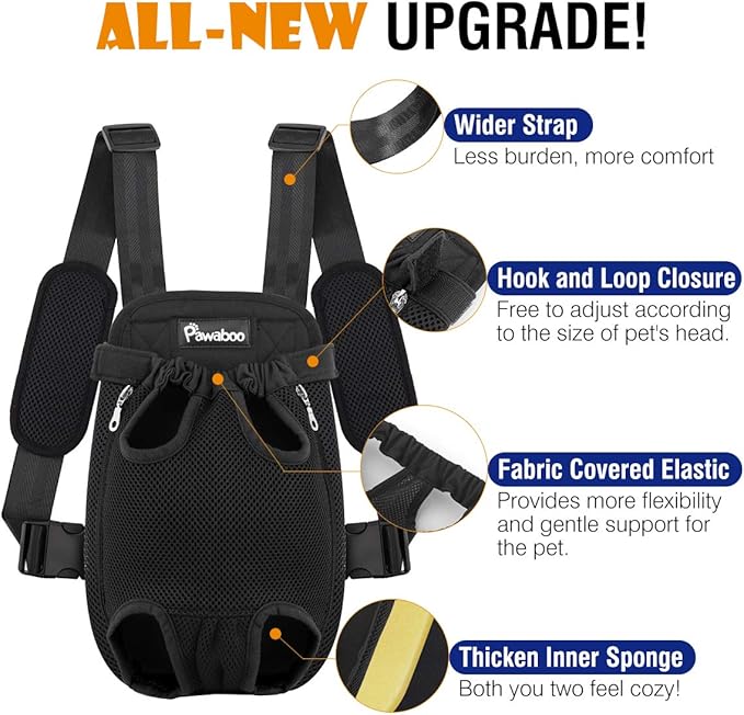 Pawaboo Pet Carrier Backpack, Adjustable Pet Front Cat Dog Carrier Backpack Travel Bag, Legs Out, Easy-Fit for Traveling Hiking Camping for Small Medium Dogs Cats Puppies 2.5-5lbs, S, Black