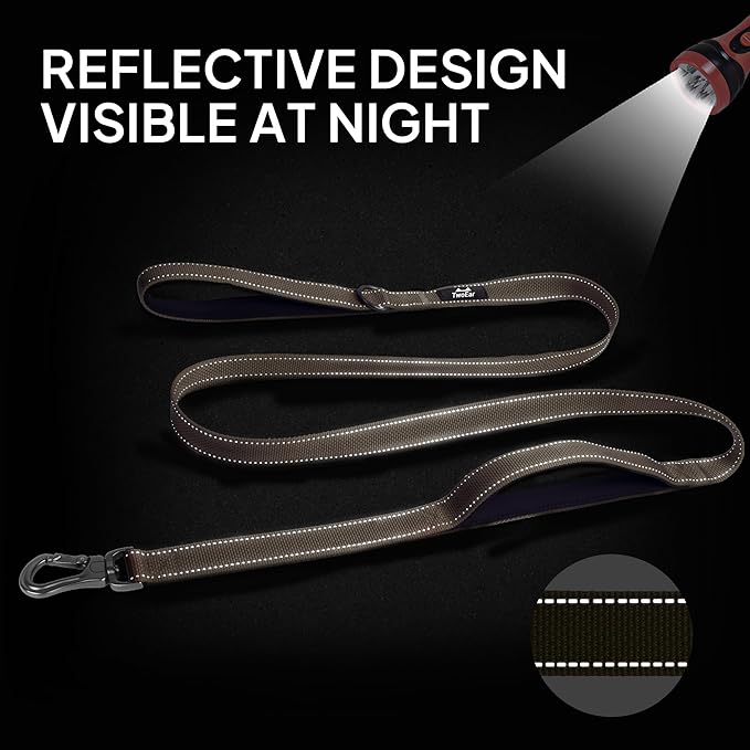 TwoEar 6FT 1IN Strong Brown Dog Leash with 2 Padded Handles, Traffic Handle Extra Control, Comfortable Soft Dual Handle, Auto Lock Hook, Reflective Walking Lead for Small Medium and Large Dogs