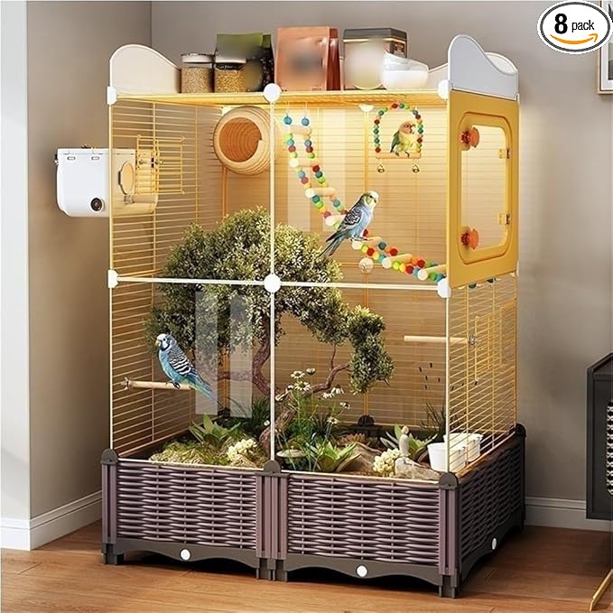 Parakeet Cage with Clear Front, Decorative Flight Birdcage with Accessories, Bird Cage for Cockatiels, Budgies, Finches, Canaries(Yellow)